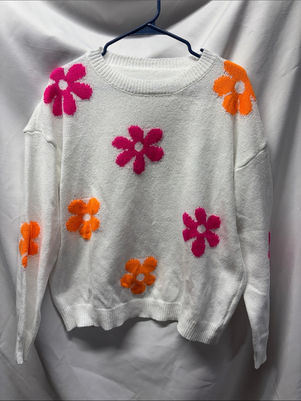 White Floral Knit Sweater with Pink & Orange Flowers